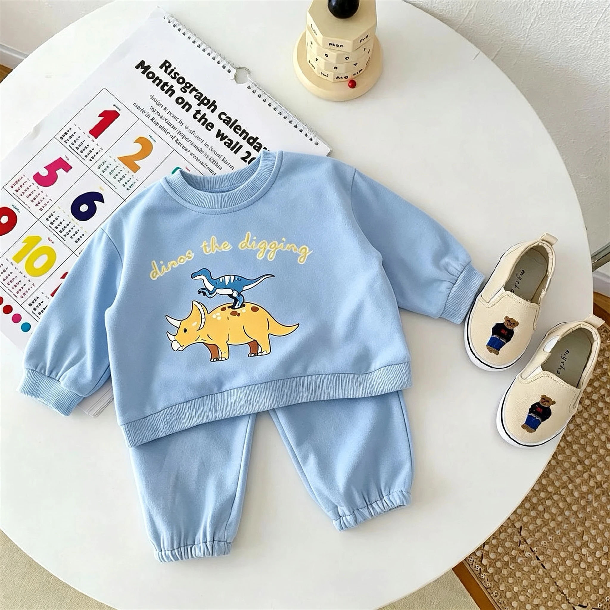 Dinosaur Print Kids Long Sleeved Suit Autumn Clothes Fashion Simple Baby Girl Boy Sweatshirt Sweatpant Casual 2piece/set 0-6 Age