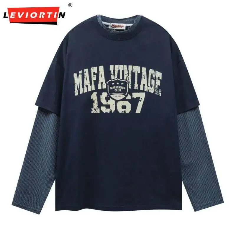 

Унисекс винтажная футболка с длинным рукавом, имитирующая двухслойность, с буквенным принтом, универсальные парные топы, свободные повседневные парные рубашки для мужчин и женщин