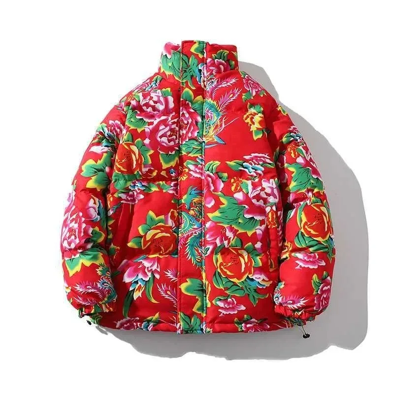 2024 New Chinese-Style Peony Cotton Padded Jacket Cotton Coat with Large Flower Pattern for Men and Women