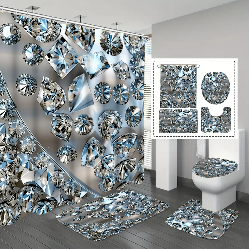 1/4Pcs Creative Light Luxury Style Shower Curtain Set with Clear Diamond/Crystal Texture, with Silver and White as the Main Colors, Featuring a Bling-Bling Sparkling Texture Pattern That Is Brought to Life through Light and Shadow. the Shower Curtain Set Comes in Two Sizes, with Options for Both the Shower Curtain and the Four-Piece Set, Including 12 Plastic Hooks, a Shower Curtain, a Non-Slip Floor Mat, a Toilet Seat Cover, and Essential Home Bathroom Accessories