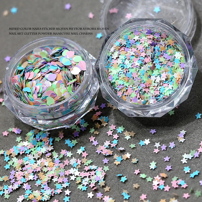 1Jar Mini Mixed Sparkling Love Star Foil Flakes Nail Sequins Nail Art Decoration Manicure Tips Charms For Women Girls DIY
