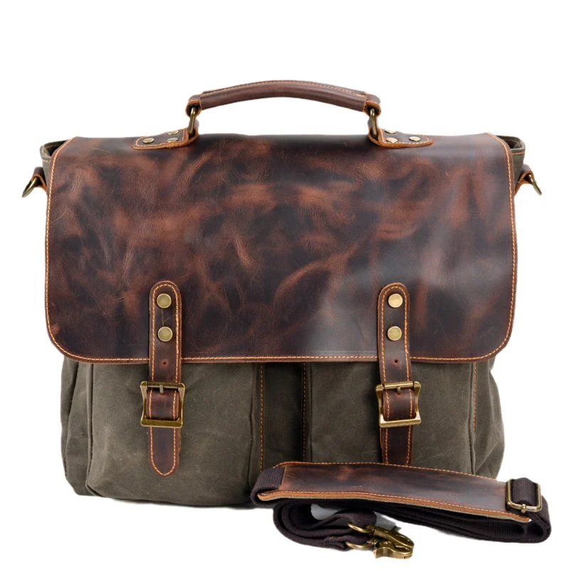 Waterproof canvas stitched genuine leather briefcase handbag for men, retro crossbody bag, 16-inch business computer bag