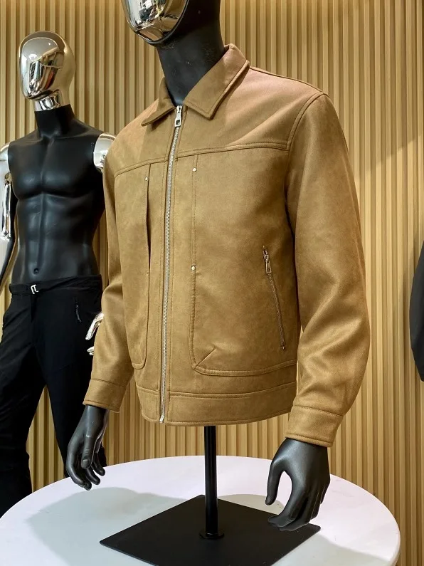 

Retro Suede Fabric Men's Faion Motorcycle Collar Casual Jaet Loose Fit Zipper Decoration Windproof Youth ular Spring A...