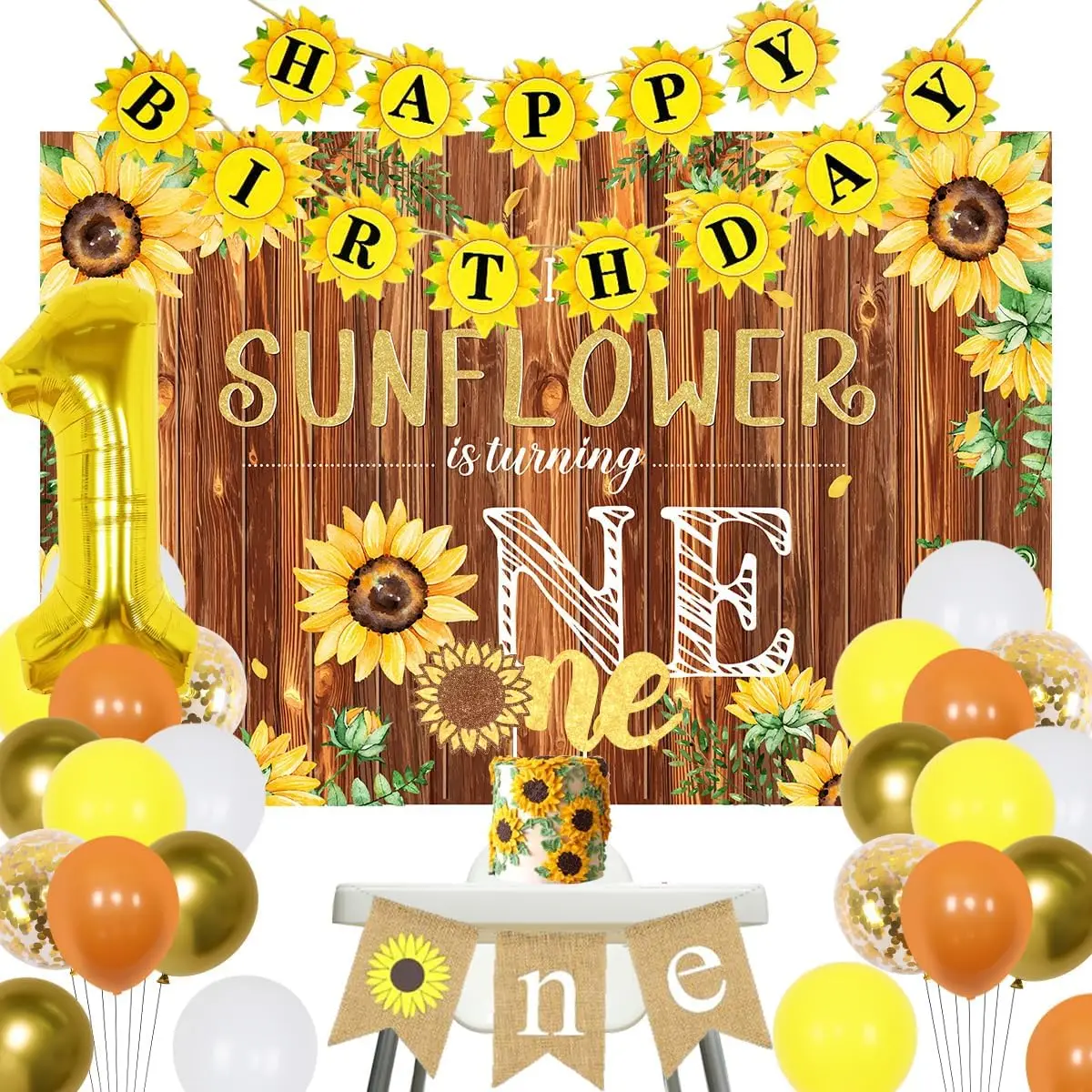 

Joymemo Sunflower 1st Birthday Party Decoration Sunflower Is Turning One Backdrop High Chair Banner First Birthday Balloons Kit