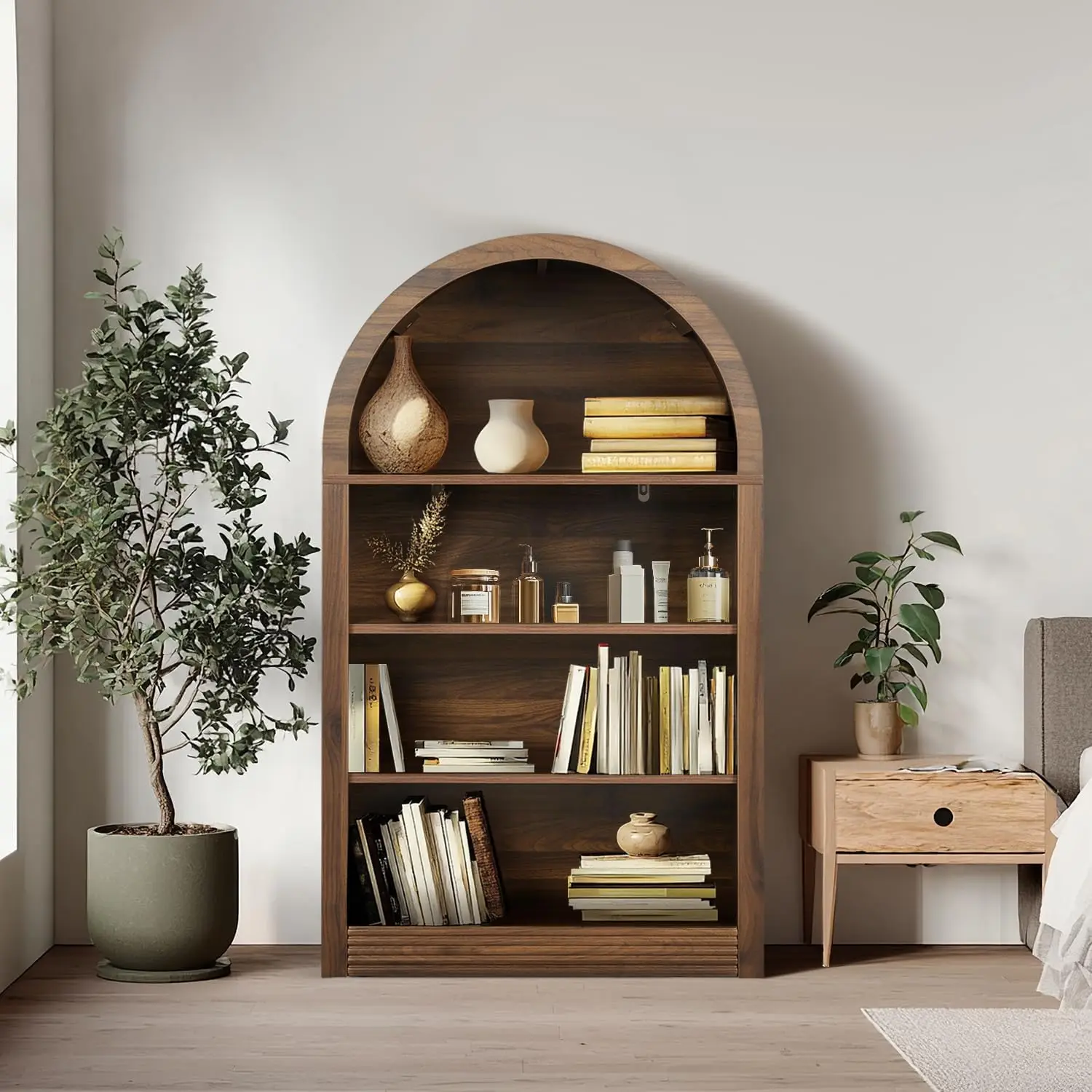 

4-Shelf 47.6" Wood Arched Bookcase - Open Display Storage for Bedroom, Living Room (Brown)