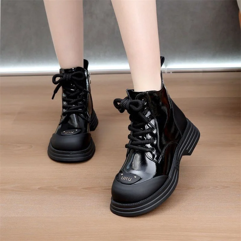 Ankle Boots Women New Winter Round Toe Lace-up Short Boots Women\'s Platform Heightening Designer Knight Boots Women Shoes