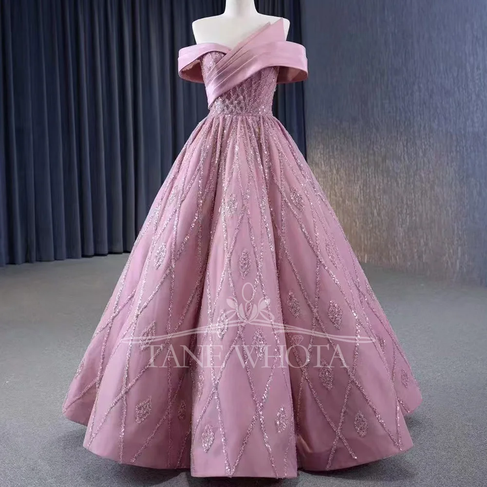

Pink Sweetheart Off-The-Shoulder Sequined Evening Dress With Lace-Up Back Criss-Cross Design Luxus 2025 Style For Women