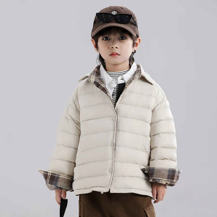 

Children Duck Down Jackets 2024 New Autumn Winter Reversible Turn Down Collar Kids Puffer Coat Wear on Both Side Plaid Shirts