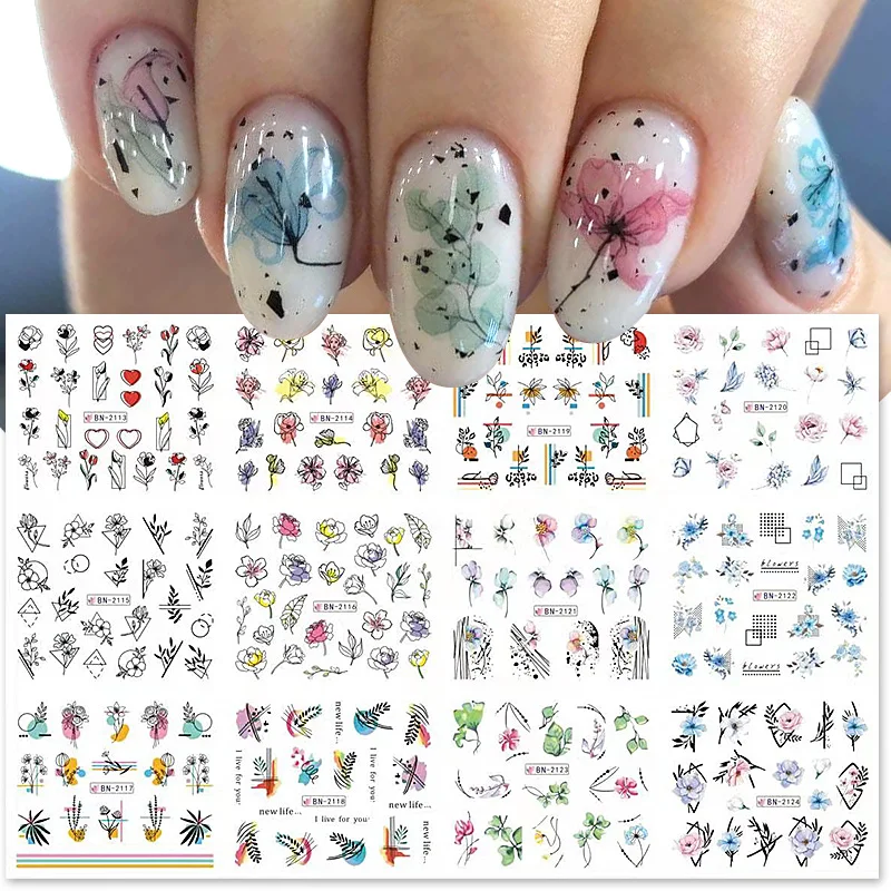 Nail Water Decals Geometric Color Block Line Leaf Flowers Nail Slider Stickers Summer Fruit For Manicure Nail Watermarks Decor