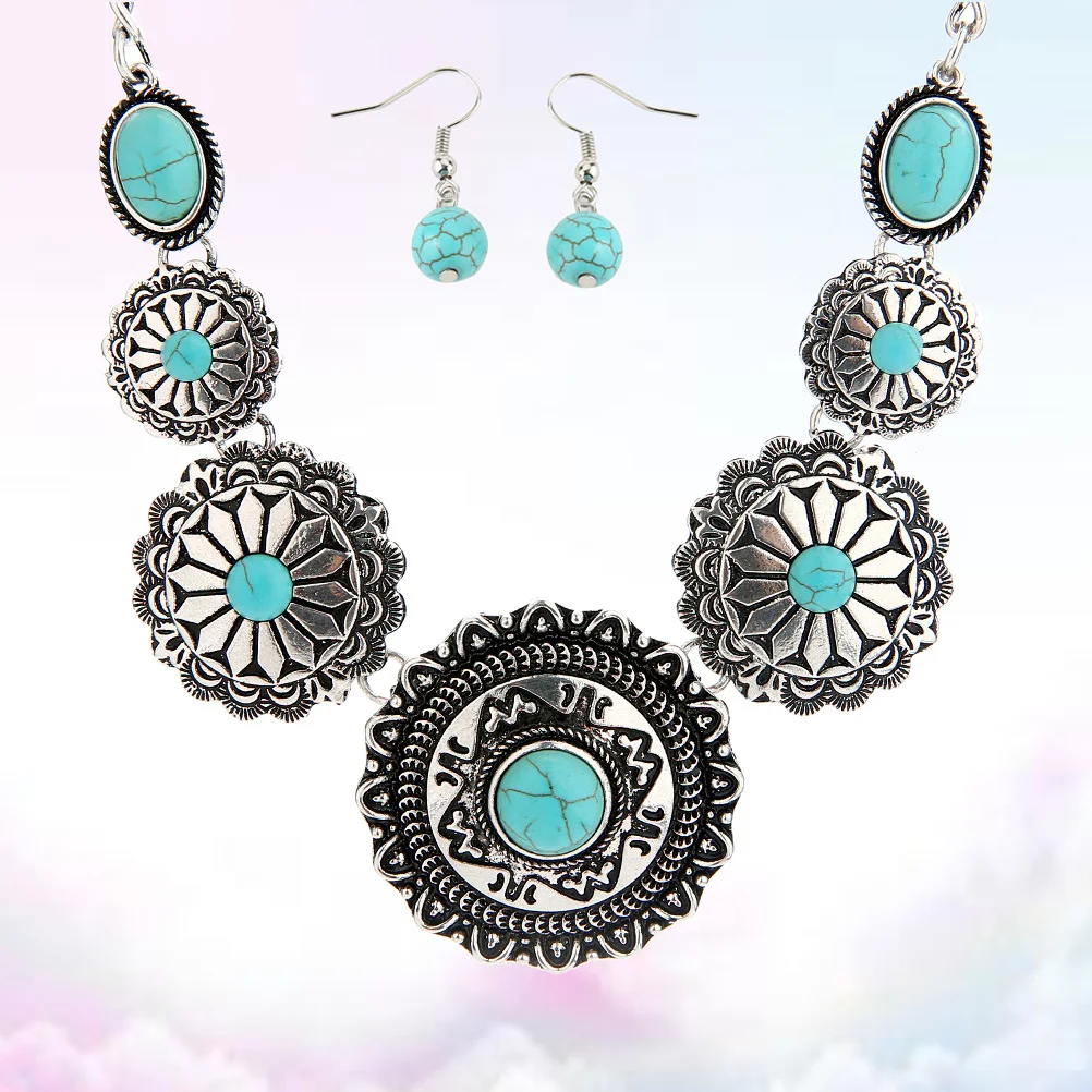 

Elegant Turquoise Alloy Necklace Pendant Set Flower Decor Gift Jewelry For Women Lovers Friends Wear