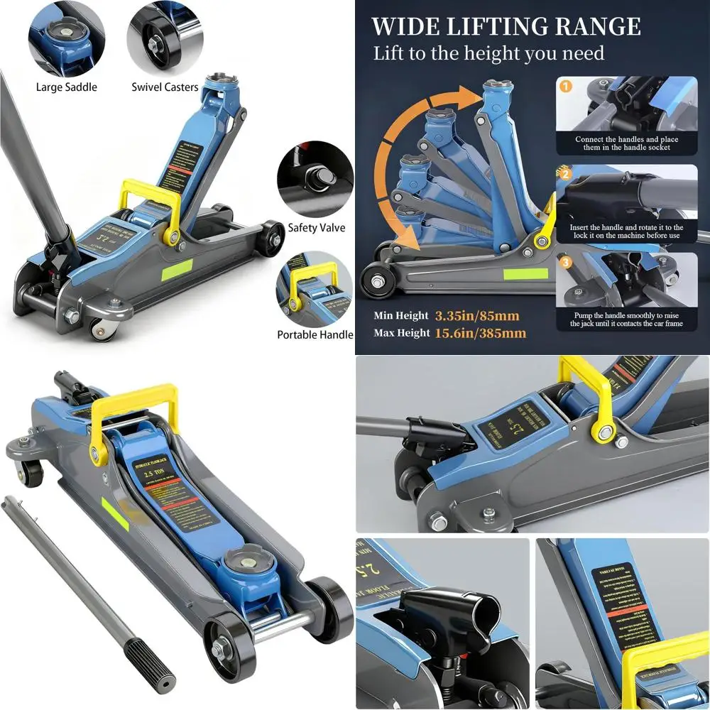 

2.5-Ton Portable Floor Jack, Low Profile, 3.35-15.16 Lift, Blue with Carry Handle and Reflective Strip