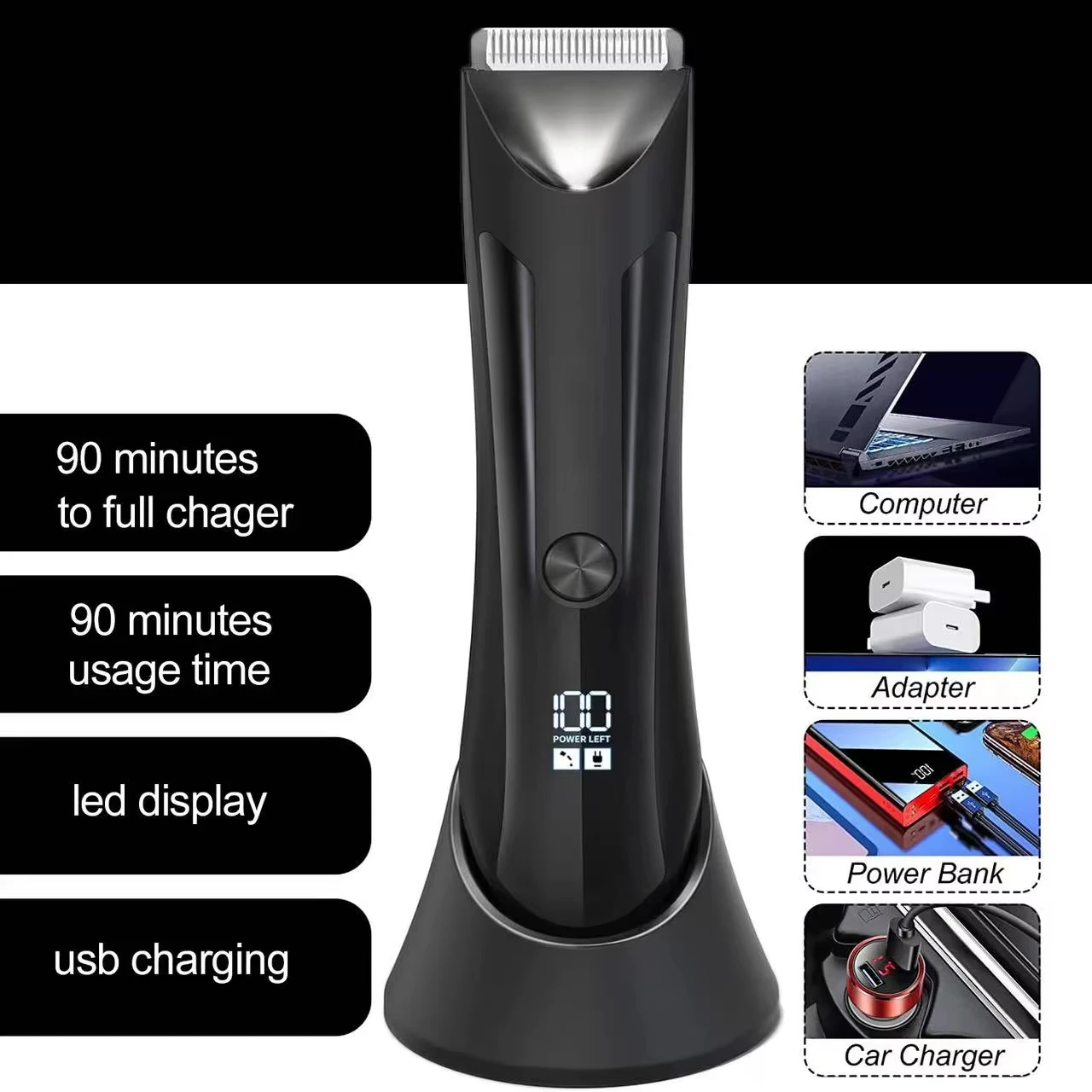 Electric Body Hair Trimmer Shaver Waterproof Groin for Men Ball USB Recharge Dock Grooming Kit Replaceable Ceramic Blade Male H