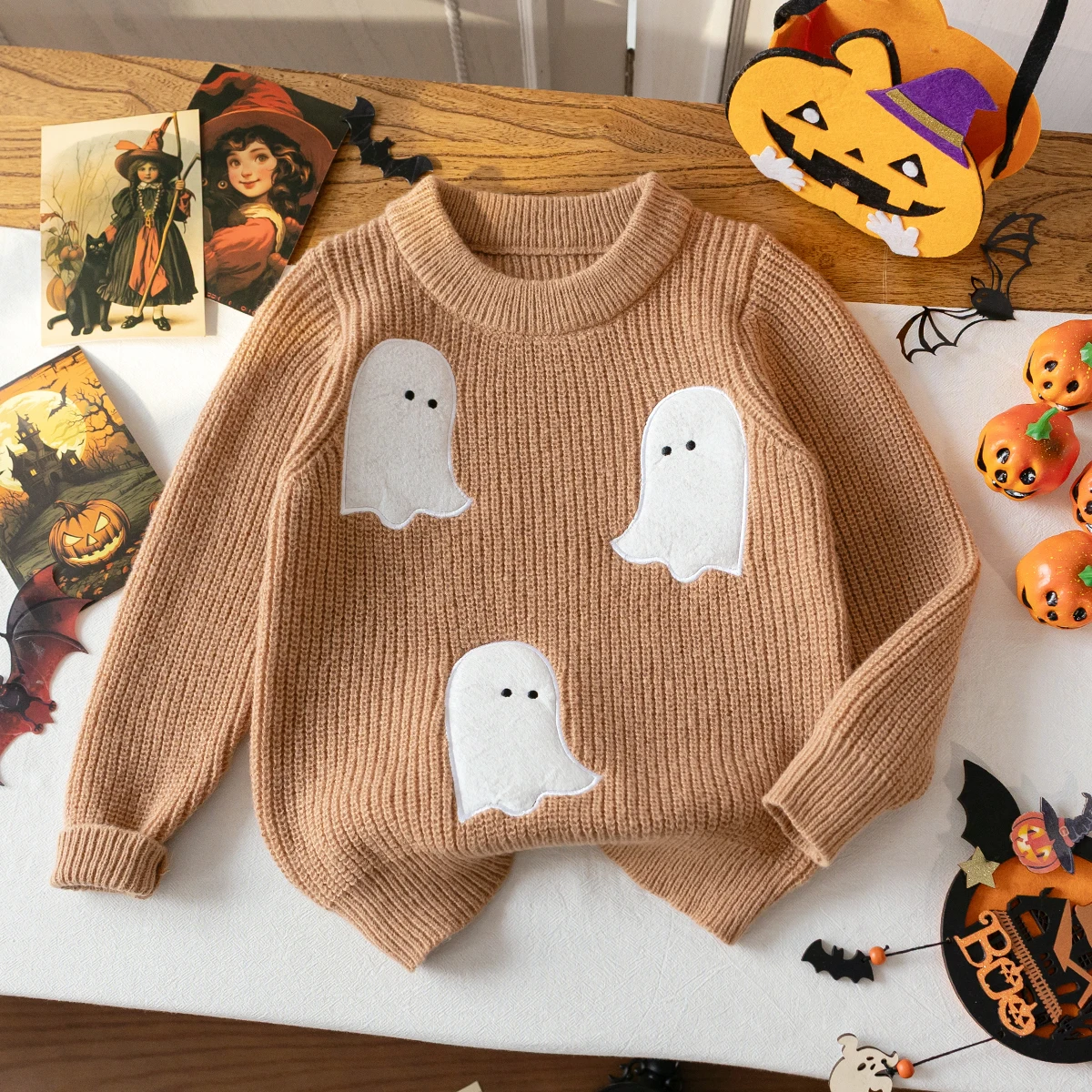 Boys, Girls, and Children Halloween Ghost stickers, Round Neck Long Sleeved Knitwear, Holiday Casual Pullover Sweater