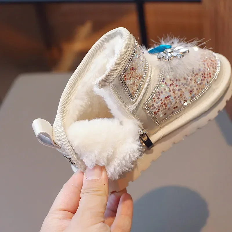 Pink Girls Snow Boots Sequin Kids Plush Shoes for 20243 Winter Casual Shoe Children\'s Warm Shoe Zip Flats Ankle Boot 26-36