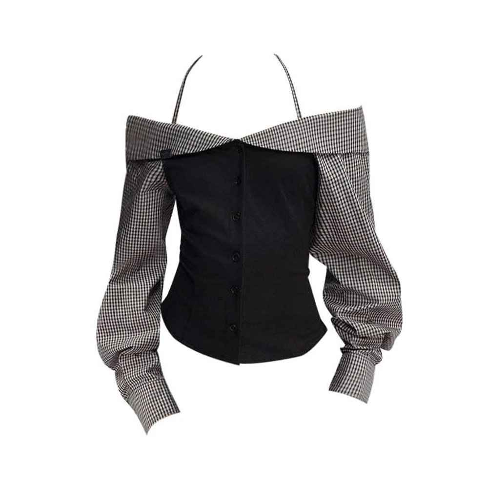 

Women Plaid Patchwork Slash Neck Shirts Blouses Y2k 90s Vintage Elegant 2000s Long Sleeve Shirt Ladies Top Fashion Clothes 2025