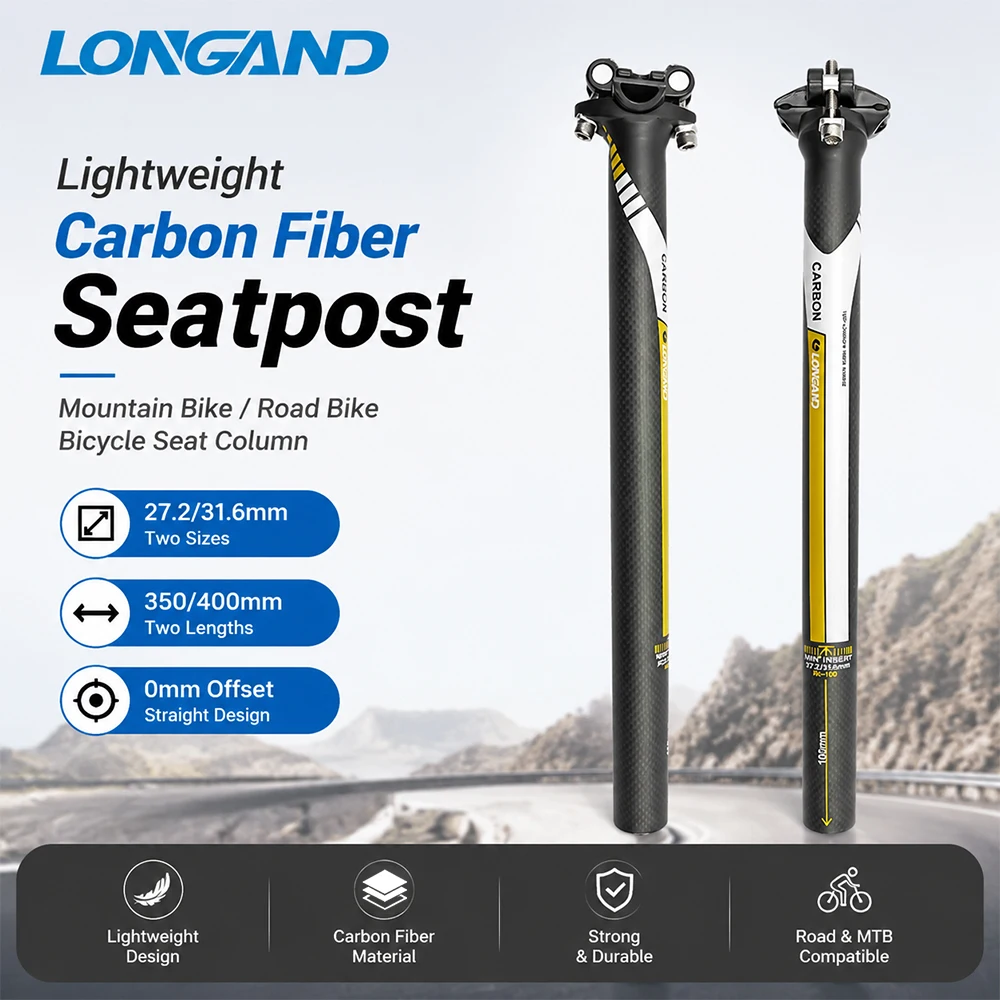 LONGAND Carbon Fiber Seatpost 27.2/31.6mm 0mm Offset 350/400mm Lightweight MTB Road Bicycle Seat Column Bike Spare Parts