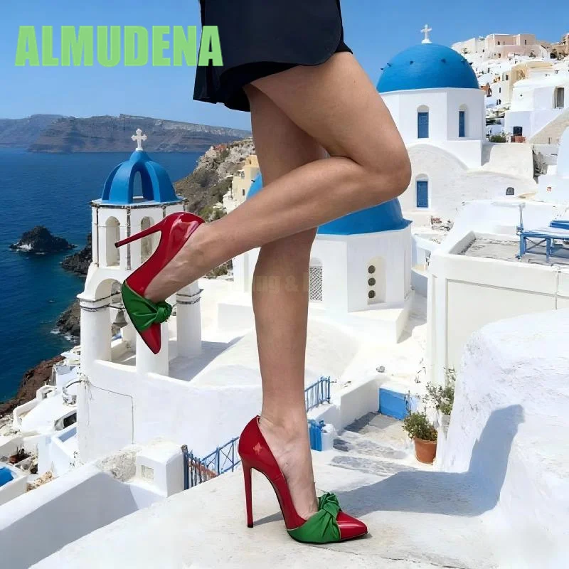 

Butterfly Knot Color Blocked Pump Fashionable and Simple Set Pointed Toe and Shallow Mouth Temperament, Women's Slim High Heels