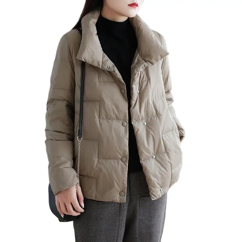 Lose Oberbekleidung Schwarze Entendaunen Frühling Herbst Neuer Stil Kurze Pufferjacke Damen Stehkragen Leichter Brotstil