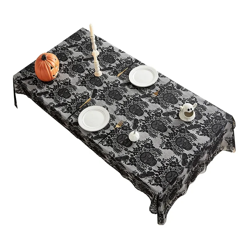 1pc Halloween Black Lace Table Cover - Elegant Machine-Made Lace Tablecloth with Spooky Skull Design for Halloween Decorations