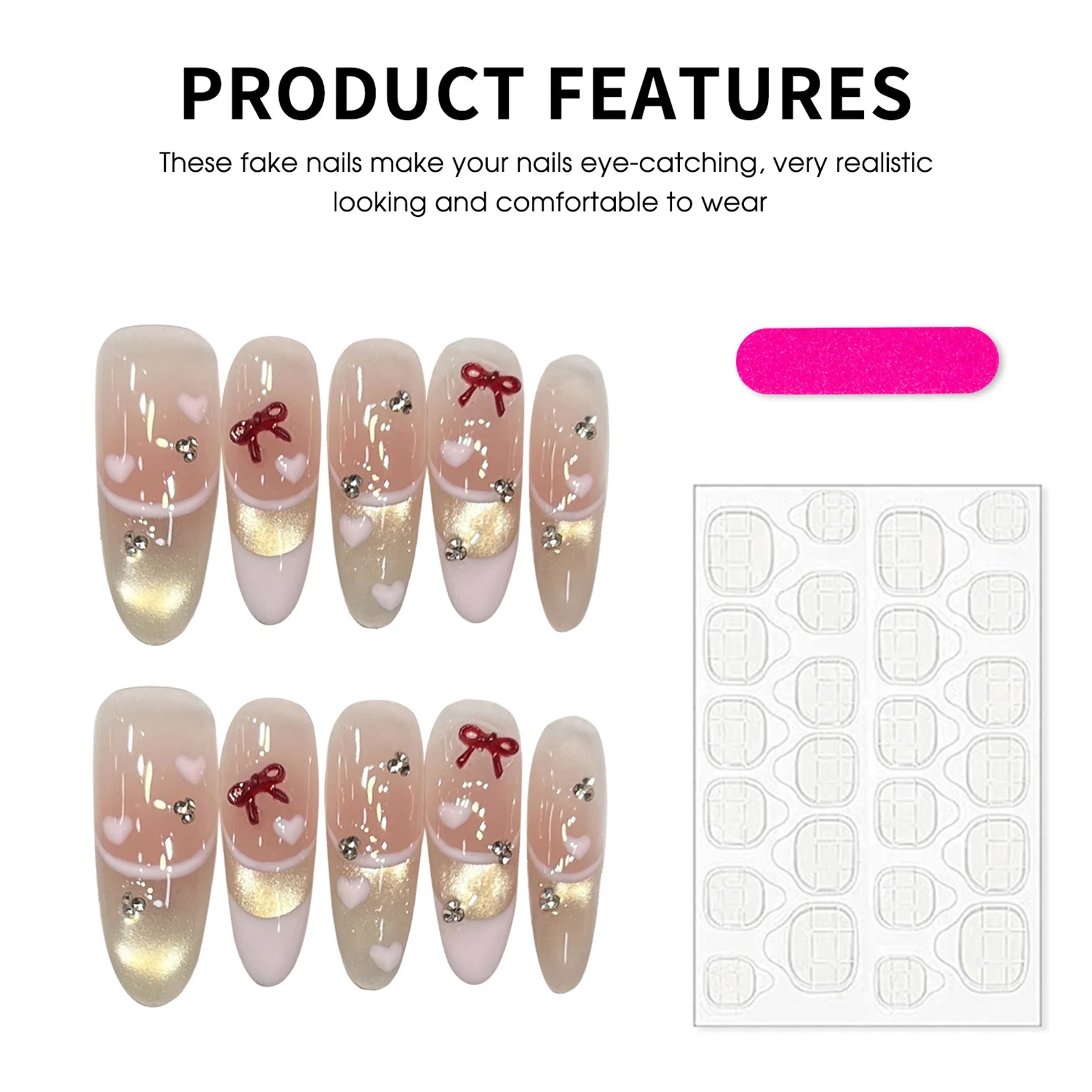 10 Uds. De uñas postizas francesas con lazo, diamantes de imitación, diseños de corazón rosa, gradiente de ojo de gato, uñas postizas ovaladas brillantes para mujer