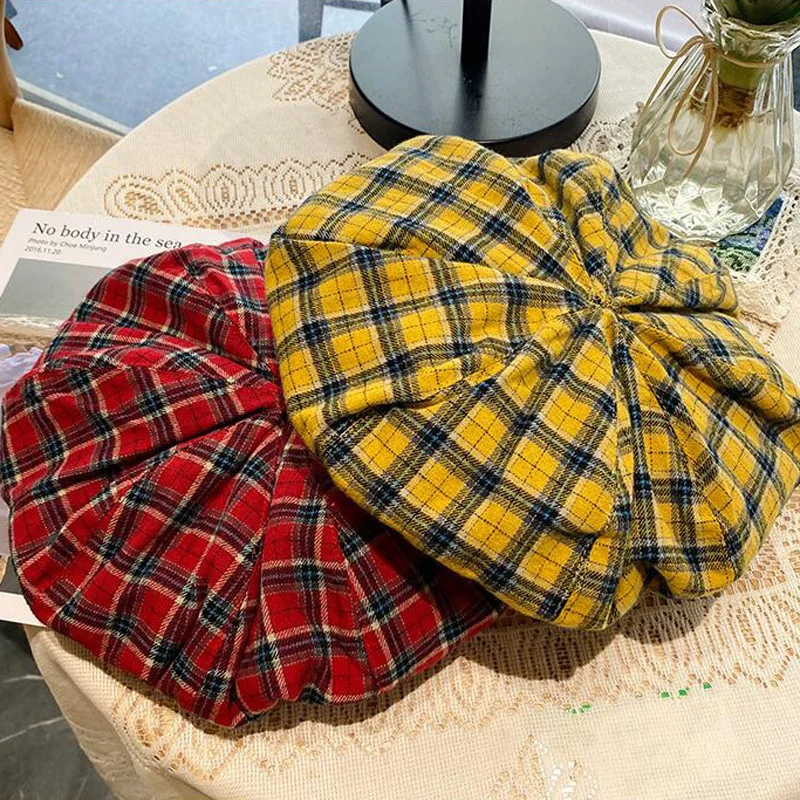 Cotton Women Berets Winter Hats Vintage French Plaid Top Military Cap Painter Hat Autumn Street Girls Octagonal Beret Caps