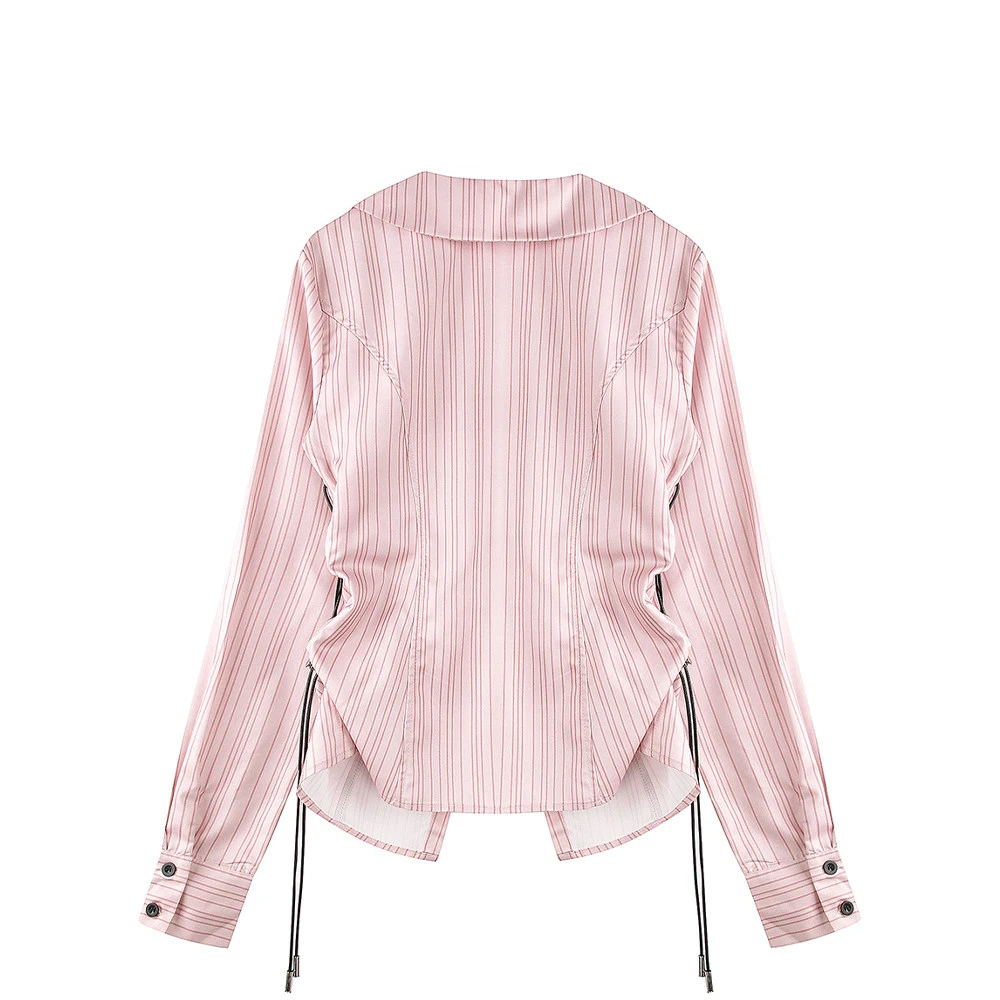 Pink Striped V-neck Waist Cinched Drawstring Long Sleeved Shirt Fashionable Lapel Short Shirt Spring/Summer Women's Shirt