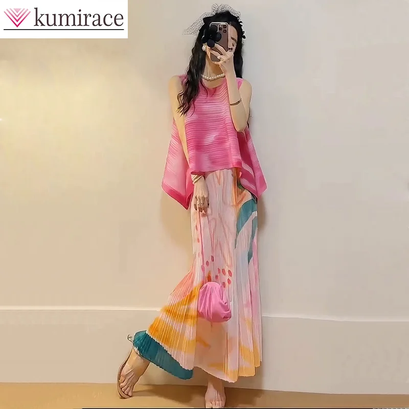 

2024 New Summer Fashion Dopamine Pink Orange Gradient Sleeveless Top Printed Half Skirt Setclothes for Womennew in Matching Sets