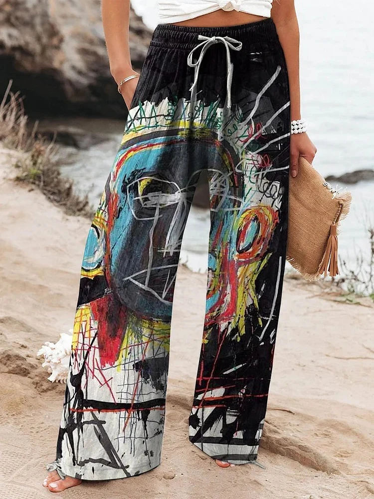 مخطط طباعة فضفاضة تناسب المرأة سليم قطع واسعة الساق السراويل استرخاء مستقيم الساق السراويل الرباط تصميم سراويل تقليدية عصرية