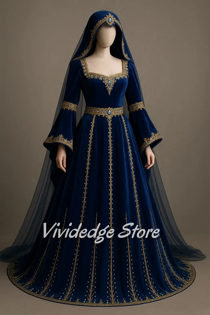 

Customized Gorgeous Blue Evening Dresses Elegant Luxury Party Dresses Square Neck Long Sleeve A-Line Gold Lace Appliques High Qu