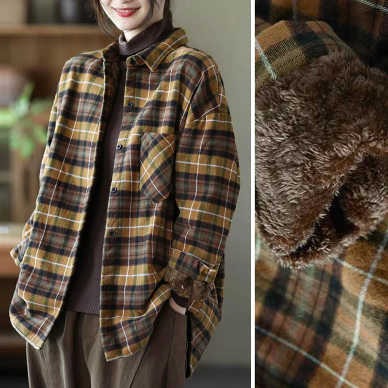 MEXZT Women Thick Plush Warm Plaid Shirts Vintage Pocket Loose Y2k Blouse Autumn Winter Female Casual Korean Long Sleeve Tops