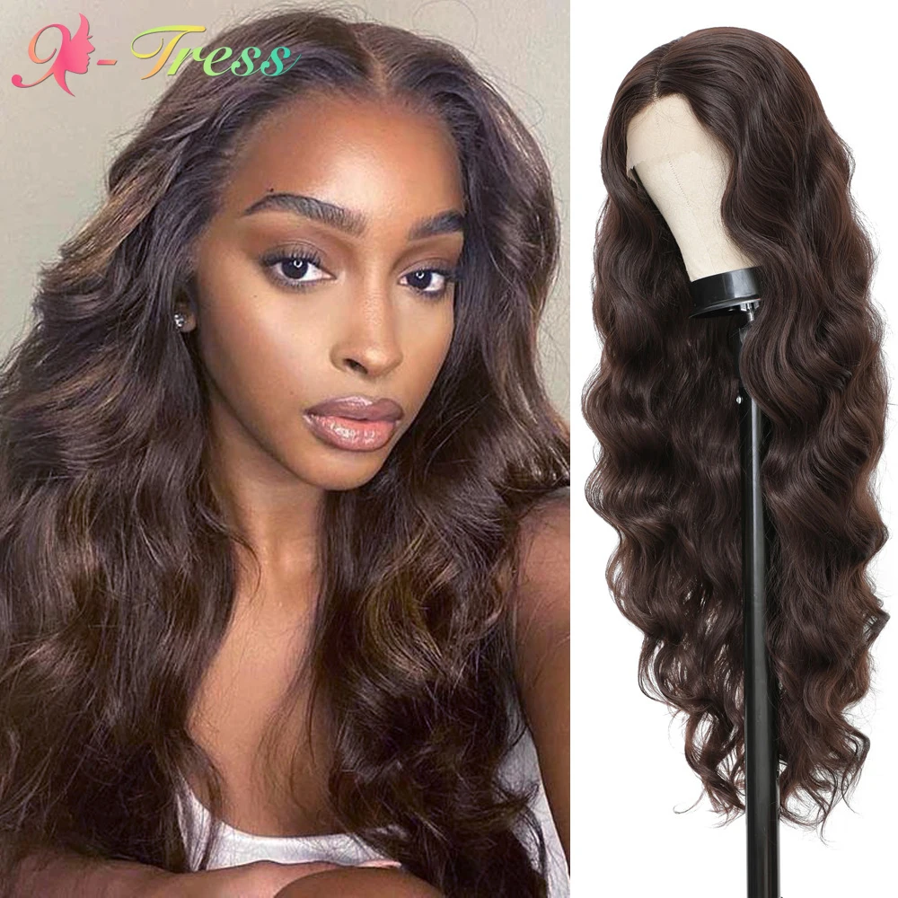 X-TRESS Synthetic Lace Front Wig Charming 32 Inch Long Body Wave Light Brown Wig for Black Women Daily Use Middle Part Lace Wigs