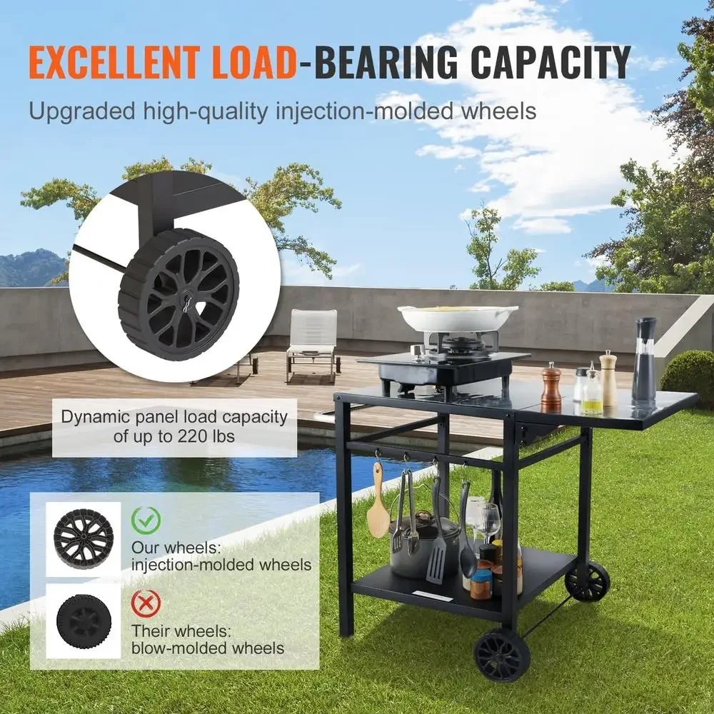 Multifunctional Outdoor Grill Cart Foldable Prep Table BBQ Pizza Oven Stand Double Shelf Storage Mobile Cooking Unit