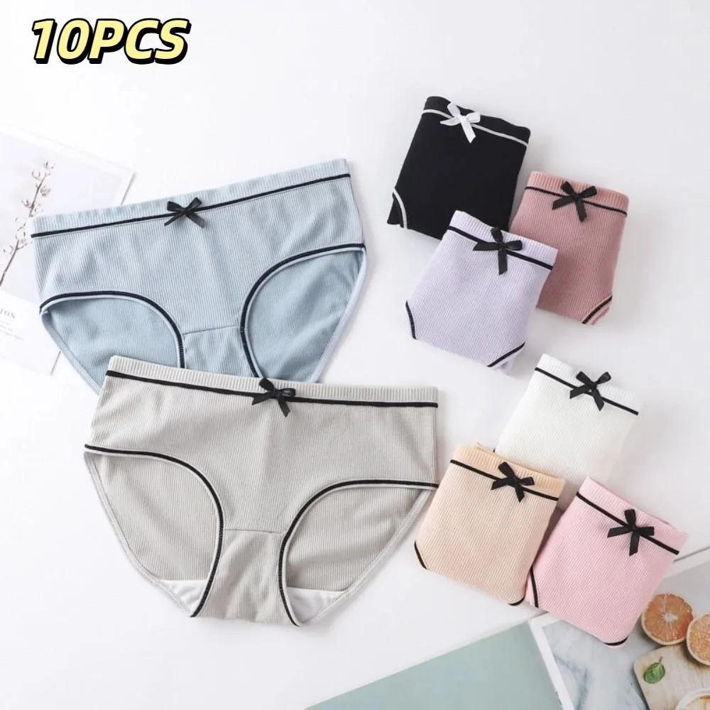 

10PCS Comfortable Bowknot Solid Color Panties Oversized Underpants Underwear Women Stripe Female Lingeries Low Waist Briefs Lady
