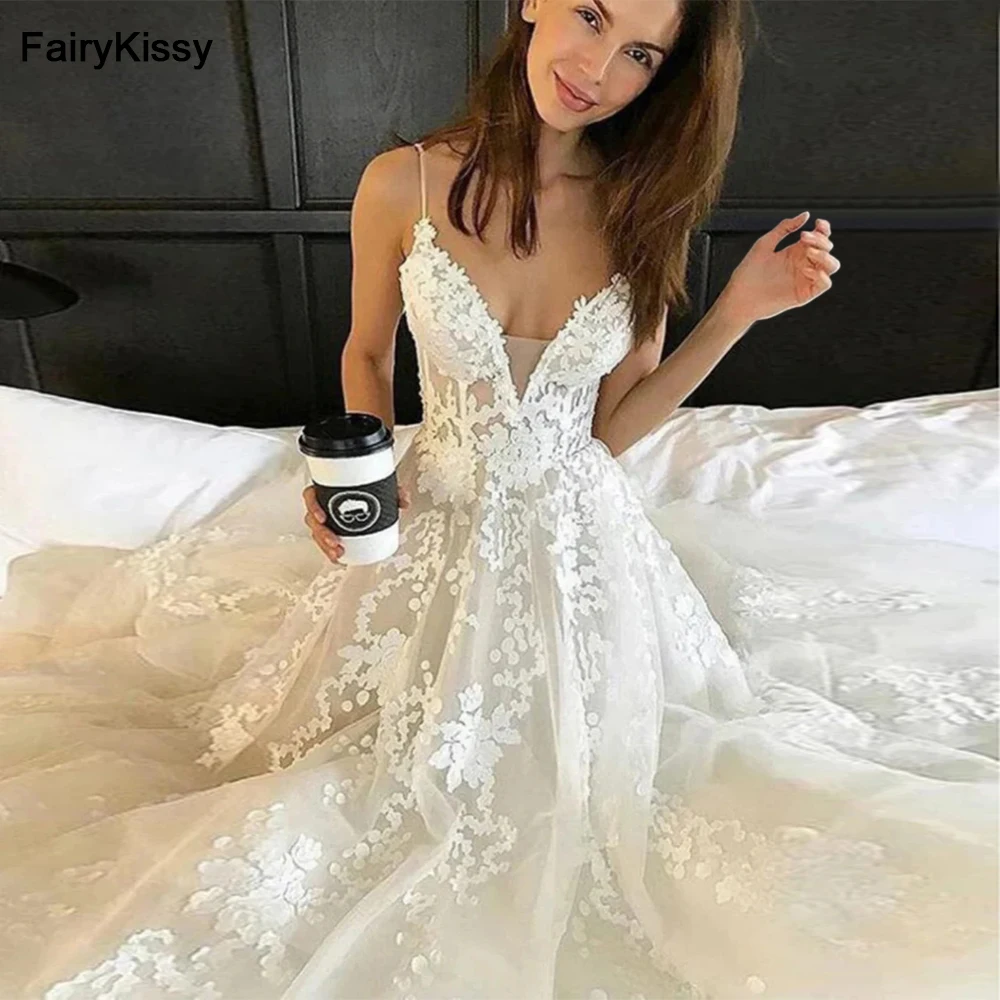 

FairyKissy Sexy Deep V-neck Wedding Dresses Stunning Appliques A-line Dress For Bride Illusion Floor-length Bridal Gown Vestido