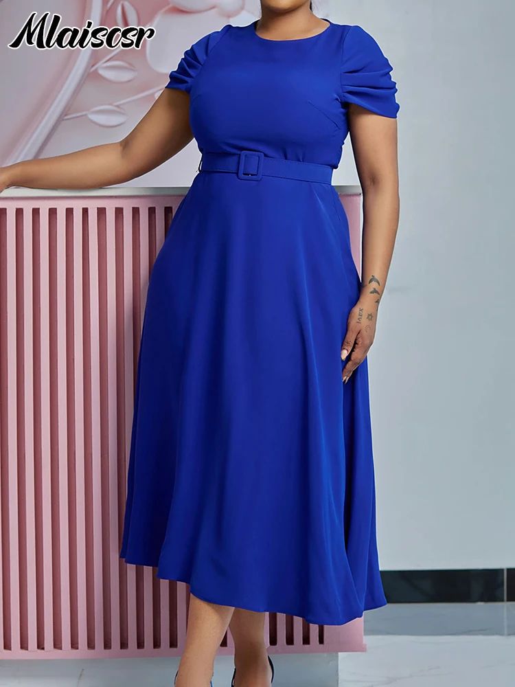 

Mlaiscsr Blue A Line Mid Dresses with Belt for Women Summer O Neck Short Sleeve High Waisted Female Birthday Prom OL Vestidos