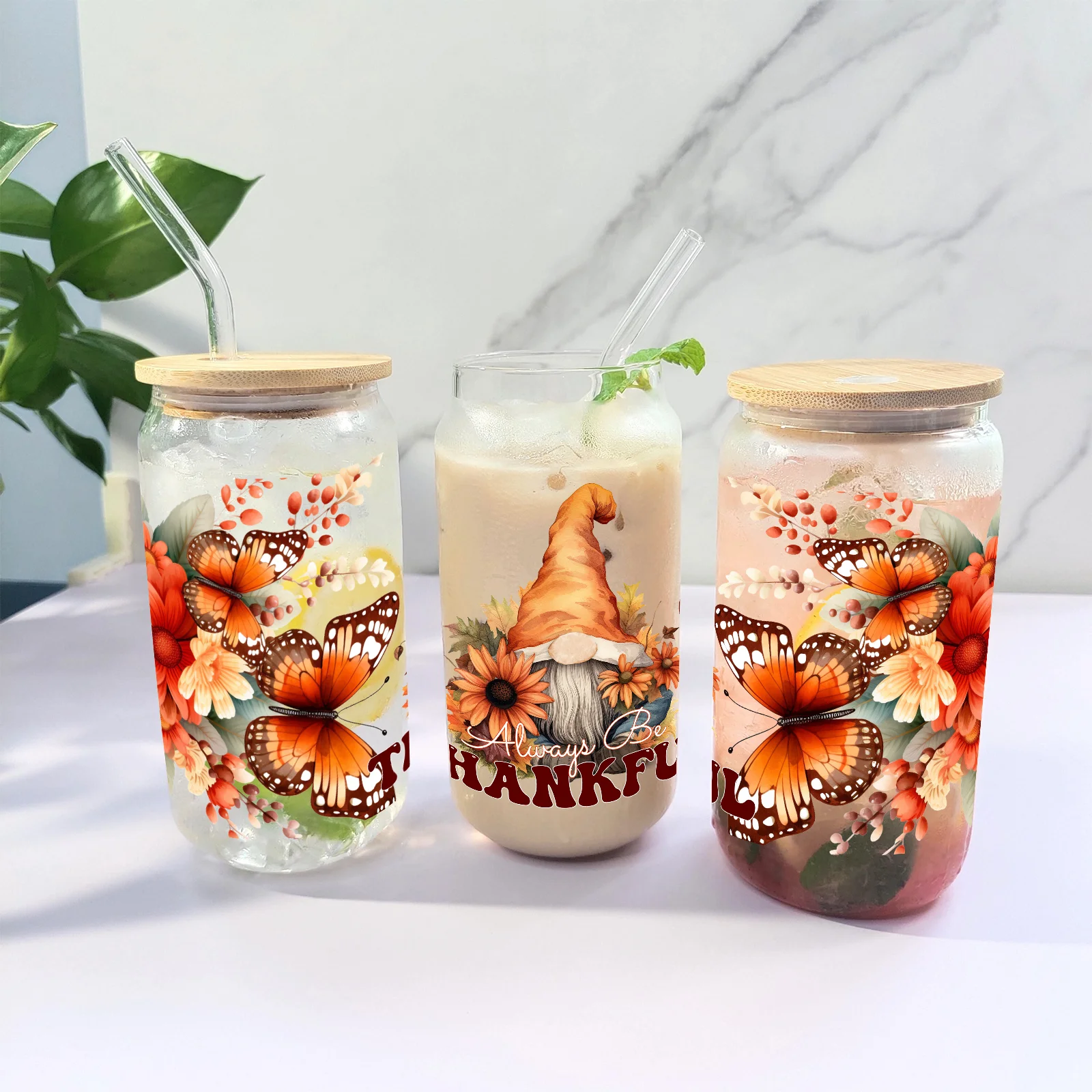 Gnome Printed Drinking Glass Lid&Straw Coffee Tumbler Iced/Hot Juice Cup Thanksgiving Day Autumn Harvest Festival Gifts