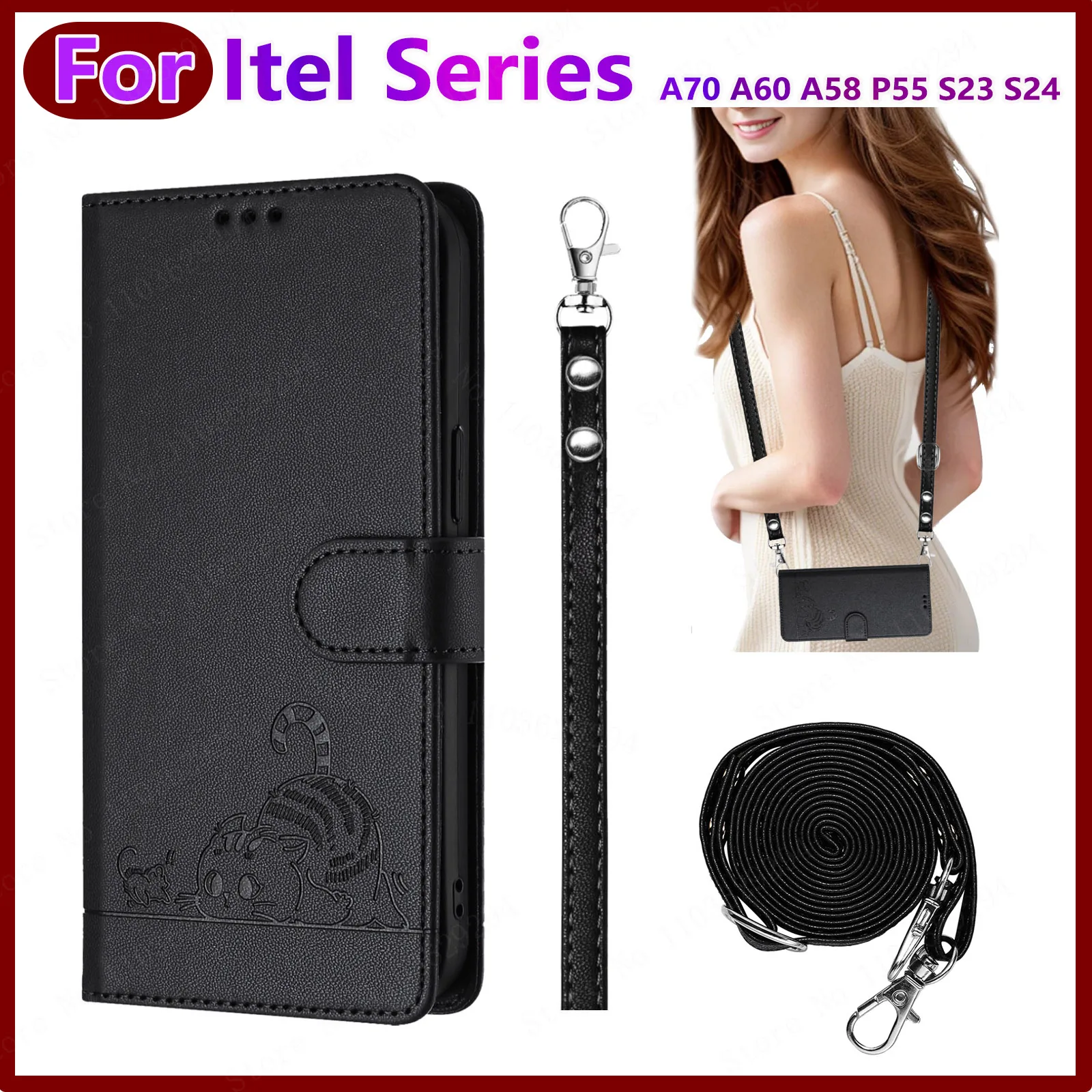 Leather Flip Wallet Phone Case, Card Holder, Crossbody, Protective Cover, Suitable for Itel A70, A60, A58, P55, P40, S23, S24