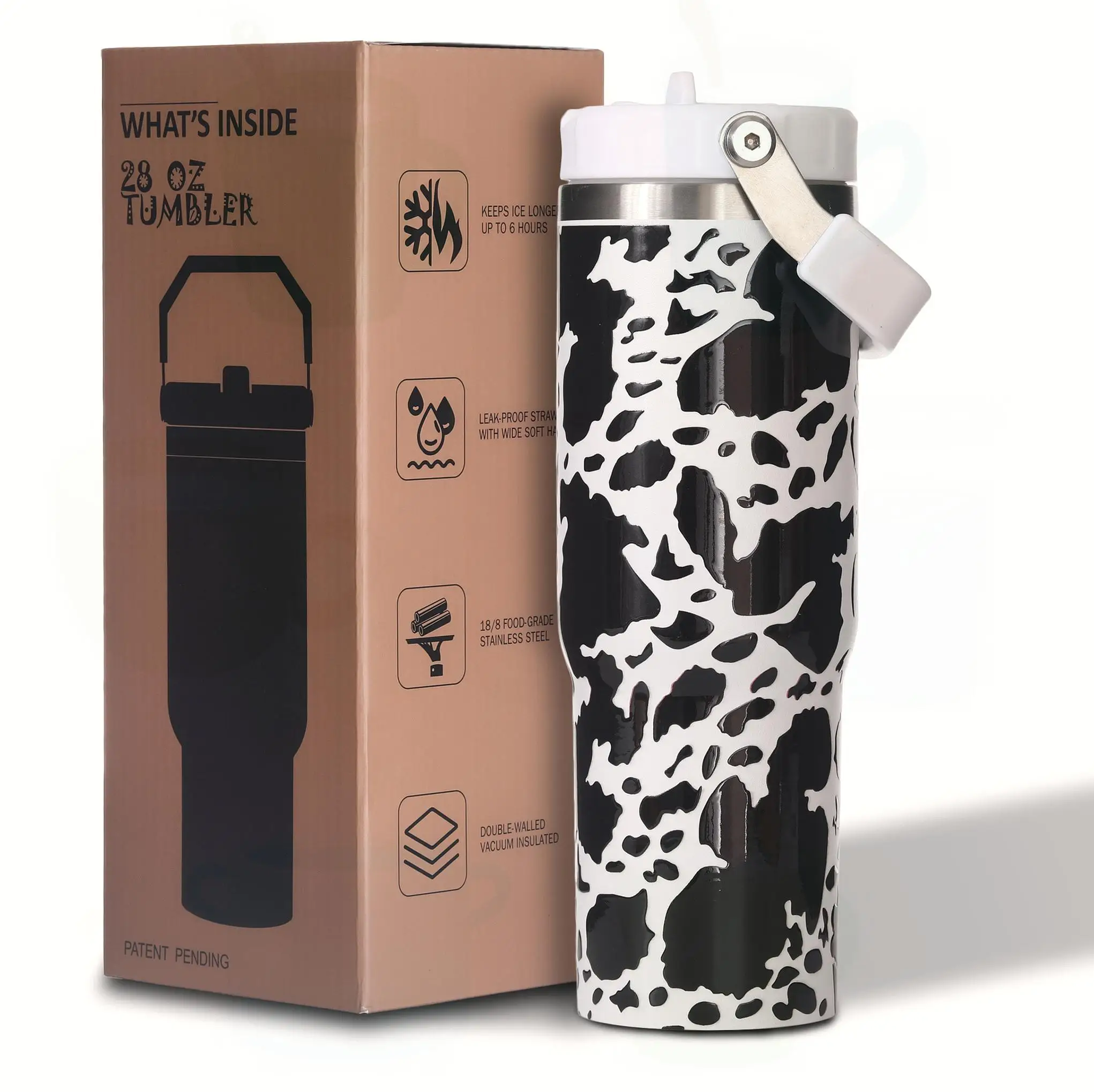 

30oz Vacuum Insulated Cow Print Stainless Steel Water Bottle, Wide Mouth, Leakproof Lid, Gift for Nurse