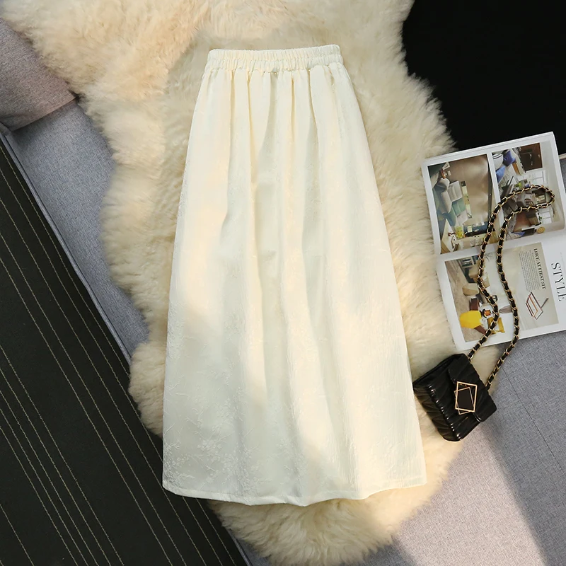 자카드 버클 중간 길이 분할 하이 웨이스트 A 라인 스커트 여성용, 중국 스타일, 2024 용수철 여름 신상