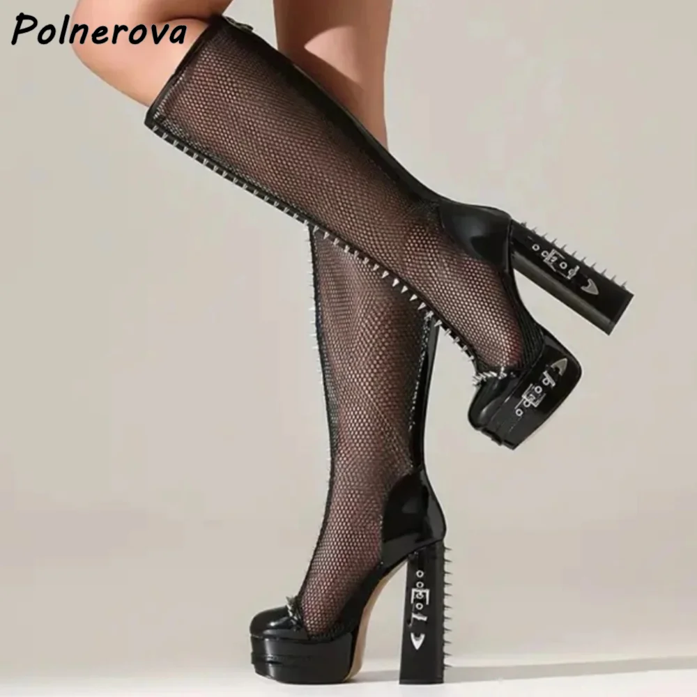 

Black Buckle Rivet Air Mesh Boots Chunky Heels Platform Hollow Round Toe Zipper Knee High Boots Summer Elegant Sexy Shoes 2025