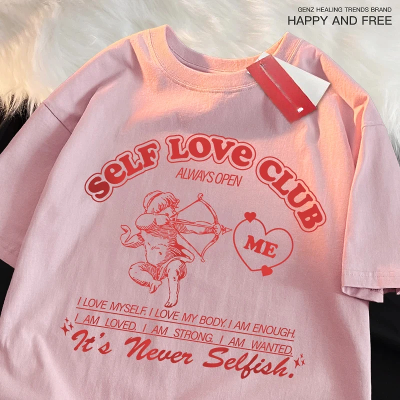 Camisetas de Self Love Club Fun Cupido para hombres y mujeres, ropa de calle transpirable, moda de verano, camiseta Popular holgada informal de gran tamaño