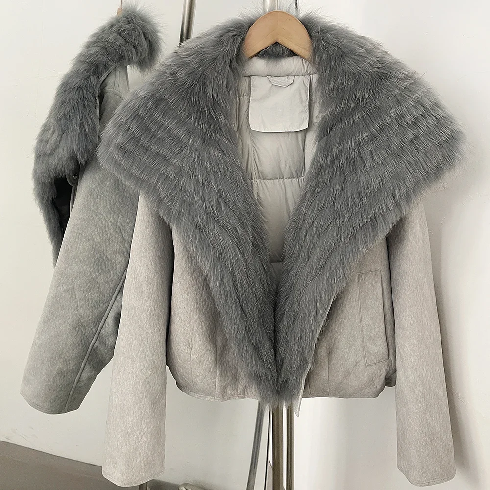 OFTBUY Dicke, kurze Daunenjacke für Damen, modische Jacke mit Reißverschluss und echtem Fell, gestreift, mit echtem Fuchsfellkragen, Daunenbekleidung. – Detail 10