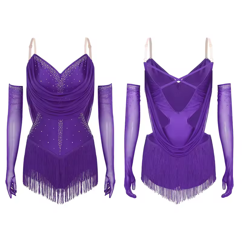 Womens Tassel Latin Dance Leotard Dress Rhinestone Fringed Bodysuit+Gloves Outfits for Tango Cha-Cha Salsa Skating Performance - Image 11