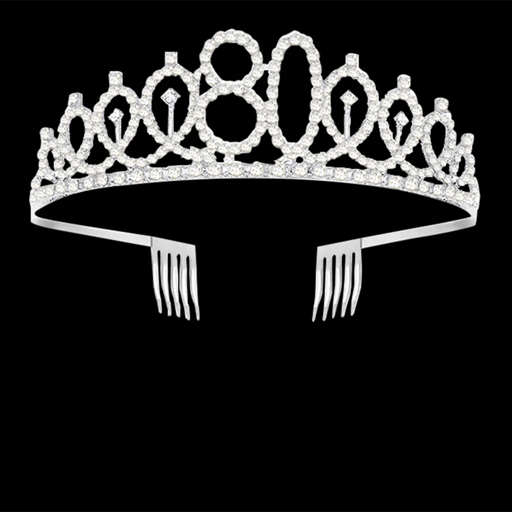 80 Birthday Tiara Party Decorations for Woman Crown Silver Sash 70th 30 Years Old Birthday Girl 16 18 13 10 21 40 50 60 Number