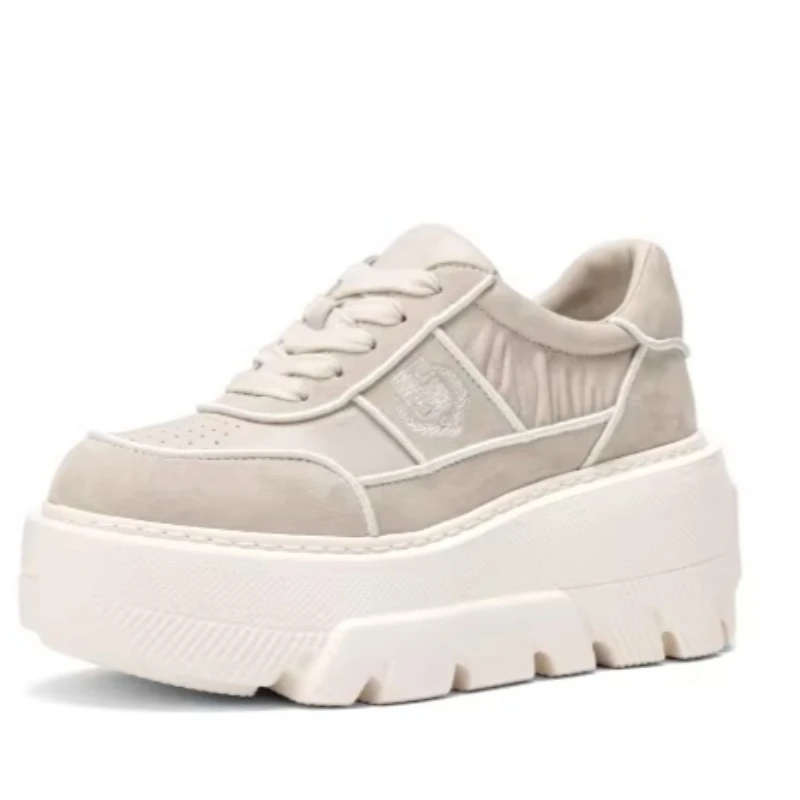 

Milk Tea Apricot Shoes for Women's Genuine Leather Folded Height Increasing Shoes Comfortable Casual Sports Shoes White Sneakers