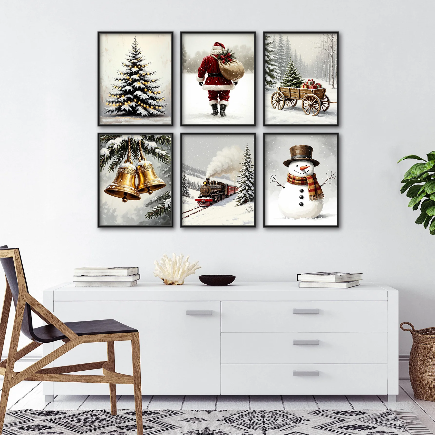 Christmas Wall Art Snowy Landscape Paintings Santa Claus Snow Man Tree Canvas Print Poster Winter Festivals Home Party Decor