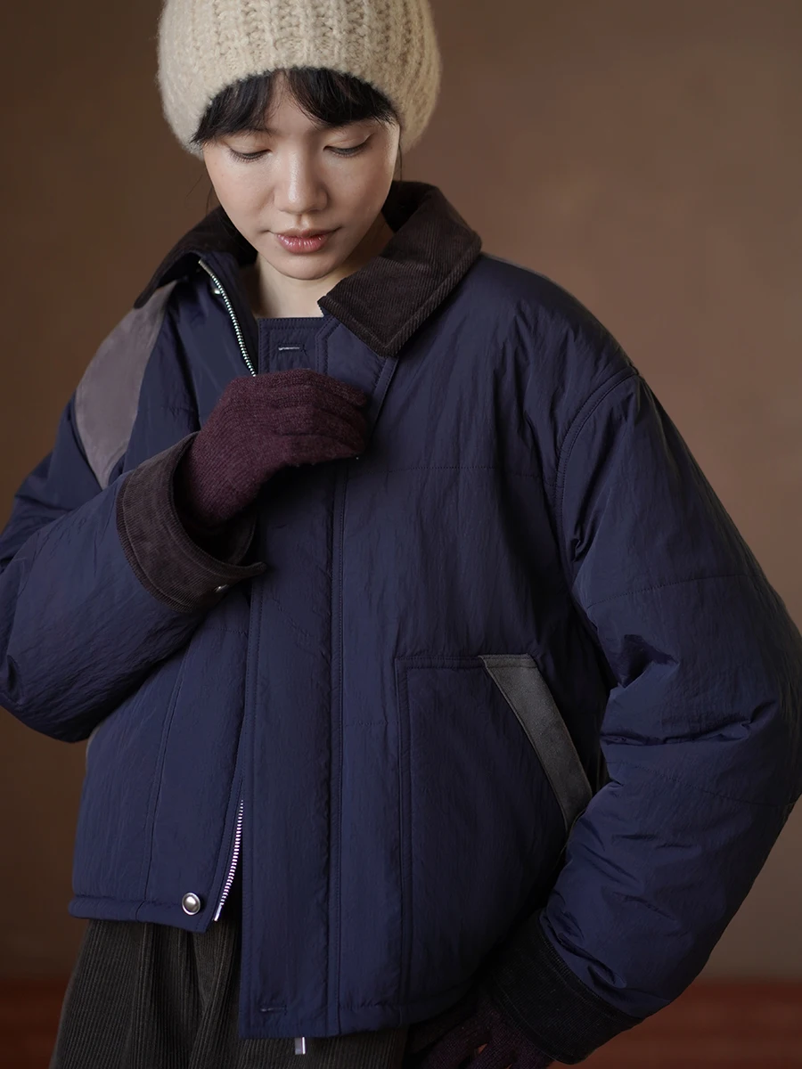 

Hacikis Miss Vintage Contrast Color Suede Corduroy Collar Loose Cotton ort Jaet Ladies Faion Straight Cut Winter Coat