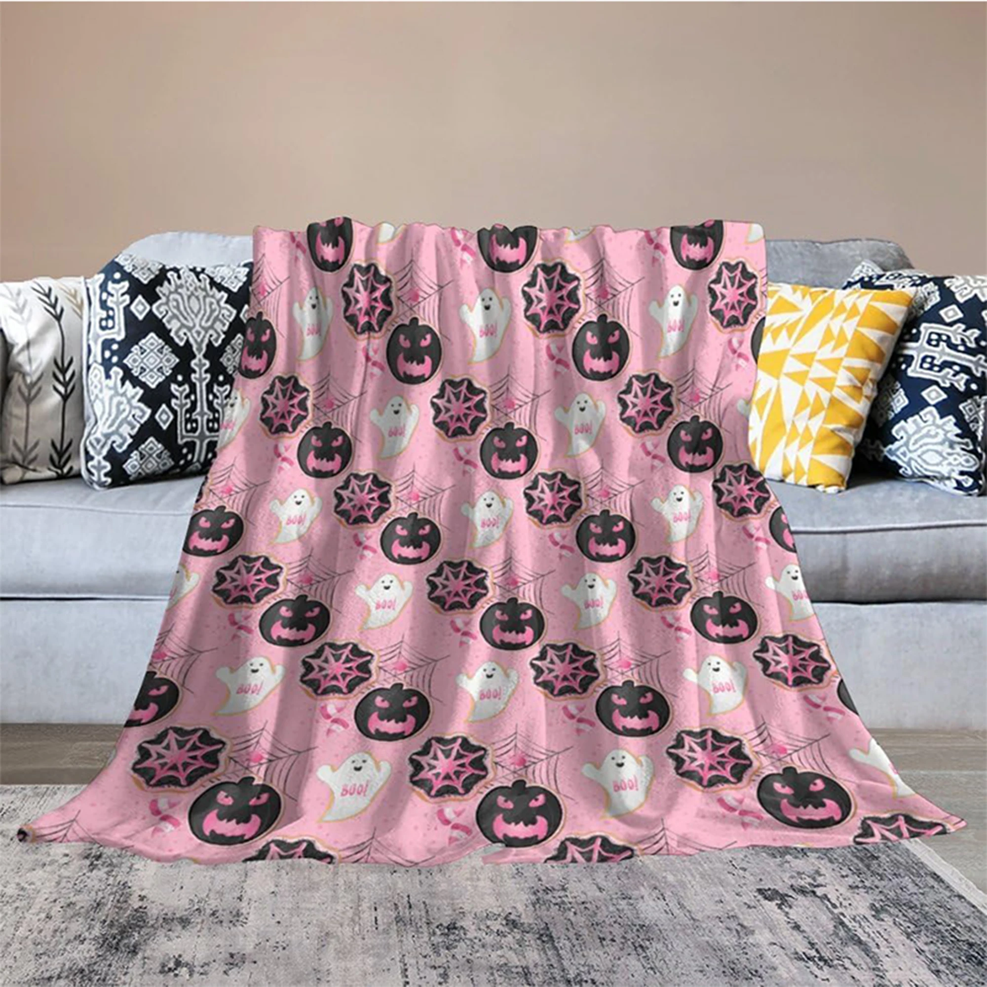 

Spooky Pink Halloween Blanket: Pumpkins & Ghosts for Cozy Chills Flannel blanket, soft and comfortable, gift