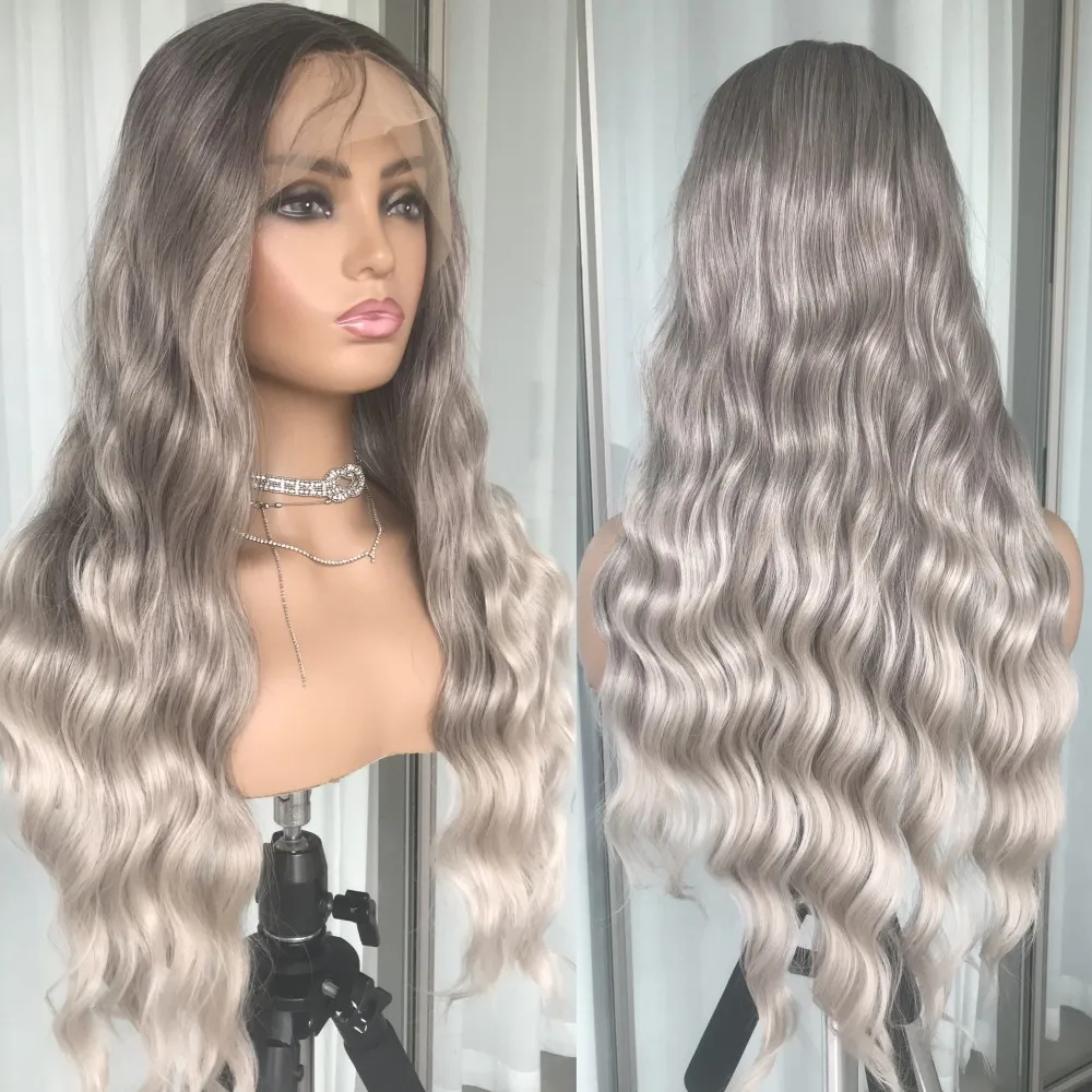 Ombre popielaty luźny głęboki koronkowa fala peruka Front dla kobiet syntetyczna koronka peruki długie faliste blond naturalne włosy peruki wstępnie