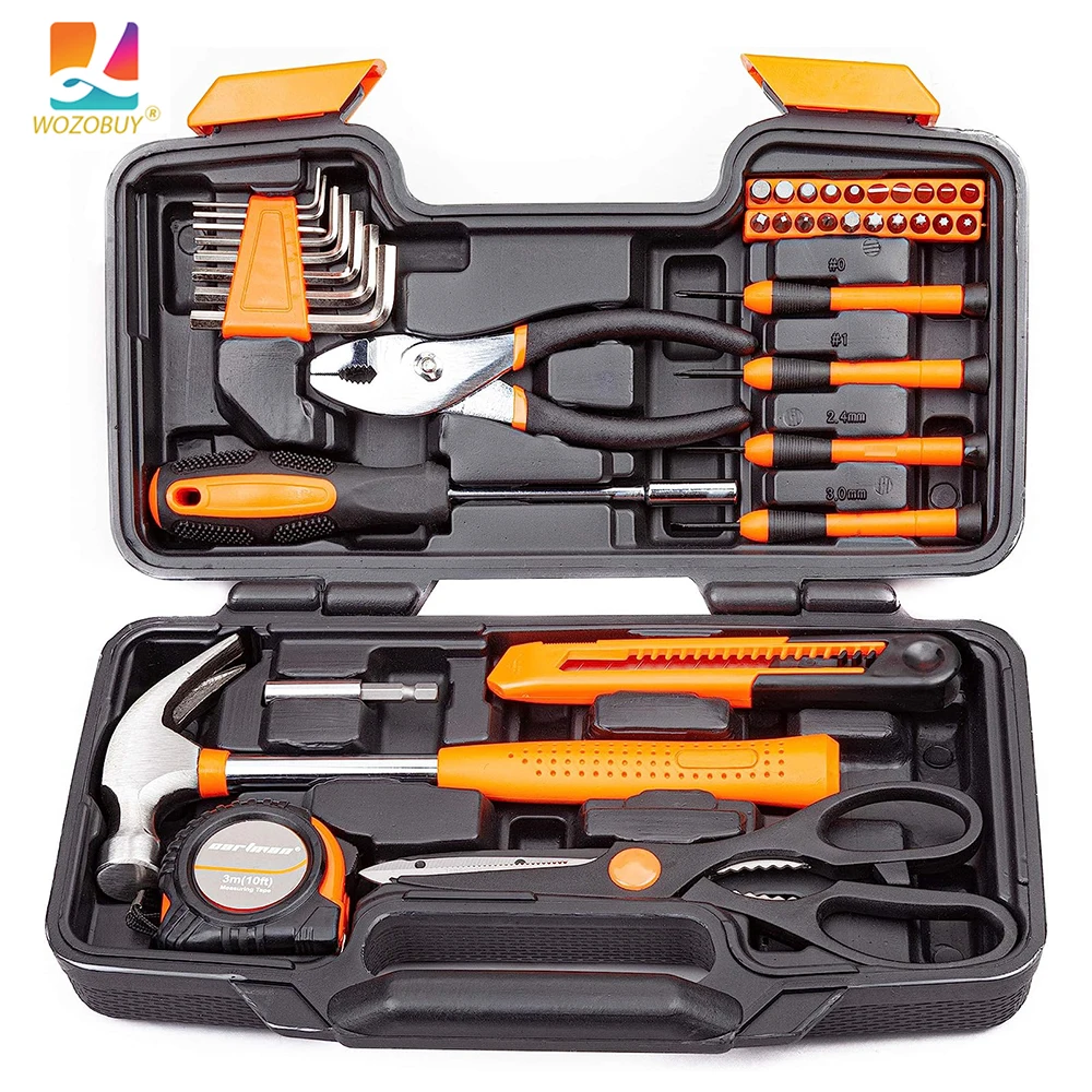 39Pcs orange Hand Tool Set General Household Home Repair Tool Kit with Plastic Toolbox Storage Case Hammer Plier Screwdriver